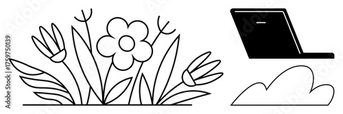 Wildflowers and leaves flourishing alongside a laptop, emphasizing connection to nature and technology. Ideal for sustainability, eco-tech, innovation, remote work, creativity, green energy, simple
