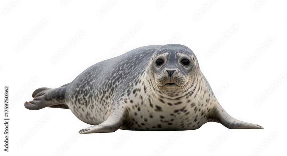 Naklejka premium A cute spotted seal lying down and looking directly at the camera, isolated on a pure transparent background