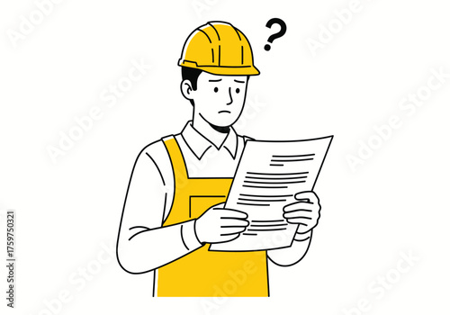 Confused Construction Worker Reading Document Building Project Planning Illustration