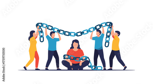 People Helping Free Woman From Heavy Chain Symbolizing Support And Liberation