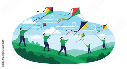 People flying colorful kites on a windy day in the park