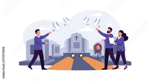 People Releasing White Doves At A Cemetery Symbolizing Peace And Farewell
