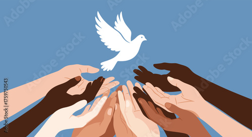 Multiple Diverse Hands Releasing a White Dove of Peace Into the Sky