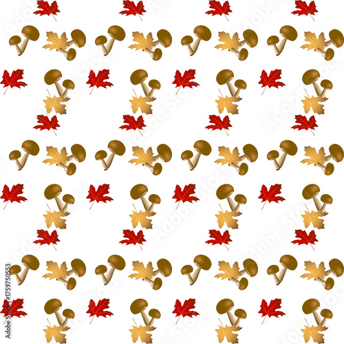 Wallpaper Mural Pattern – vector illustration with mushrooms and maple leaves. Mushrooms with brown caps in pairs, one larger and one smaller, red and yellow maple leaves scattered around, creating a cozy autumn atmo Torontodigital.ca