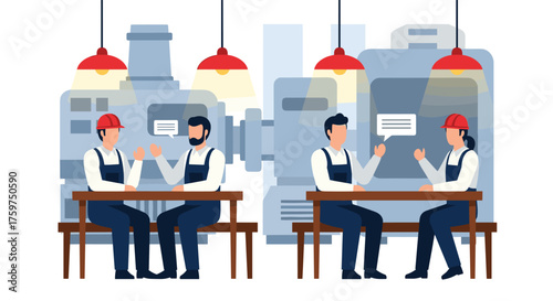 Workers Discussing Ideas During a Break in the Factory Lunchroom