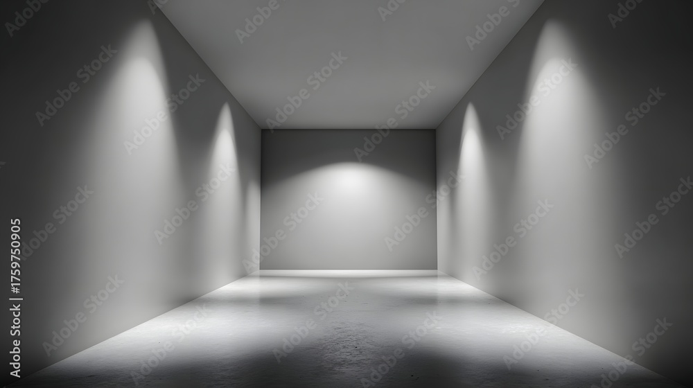 Obraz premium Brightly lit, empty minimalist corridor with spotlights illuminating the walls.