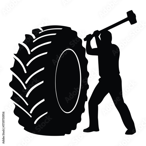 Vector silhouette of person smashing tractor tire with sledgehammer scalable illustration for eps files silhouette vector illustration white background