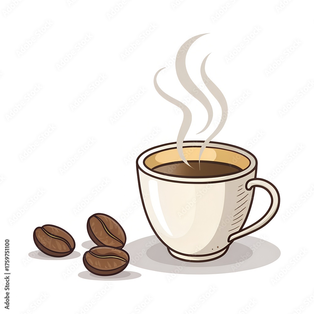 Obraz premium A cup of hot coffee with steam and roasted beans. Vector illustration on a white background, perfect for a cafe menu, coffee shop design, or morning drink concept.