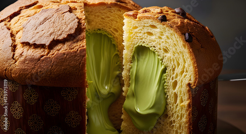 Side view of pistachio-filled panettone being cut, vibrant and elegant composition.