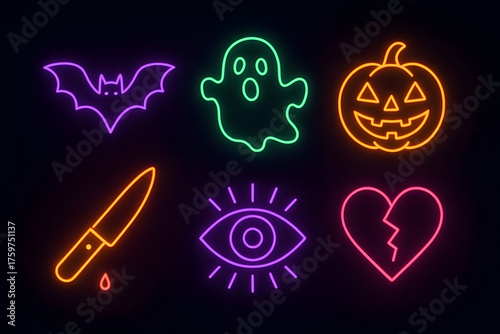 Cute glowing Halloween illustration of cute ghosts, bats, eyes, and golden halo