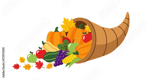 A visually rich flat design illustration of a cornucopia spilling forth with the bounty of autumn, featuring seasonal fruits and vegetables. 