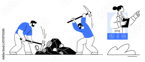 Two workers breaking rocks with tools, collaborating remotely via video call with a professional. Ideal for teamwork, remote assistance, virtual communication, mining, technology, collaboration