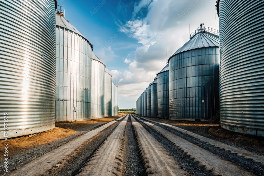 Fototapeta premium Parallel rows of metal grain silos with tire-marked dirt path under partly cloudy sky, showcasing rural storage infrastructure and farming logistics