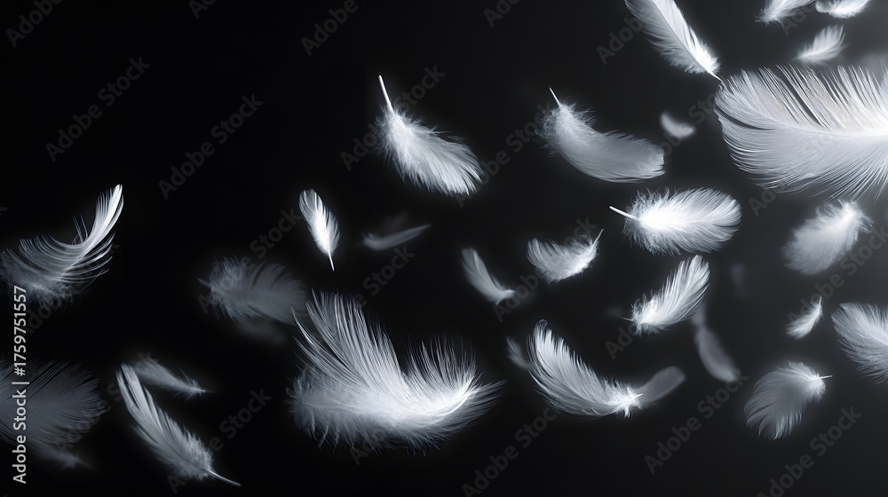Fototapeta premium White feathers drift gently against a dark background.