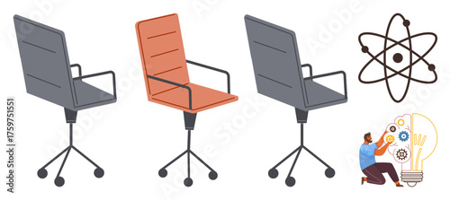 Office chairs in sequence, atomic model representing science, person repairing giant lightbulb with gears and tools. Ideal for innovation, teamwork, creativity, science, office culture, productivity