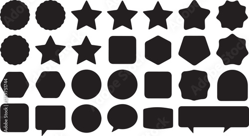 Collection of Black Geometric Shapes Including Stars, Circles, Squares, and Speech Bubbles