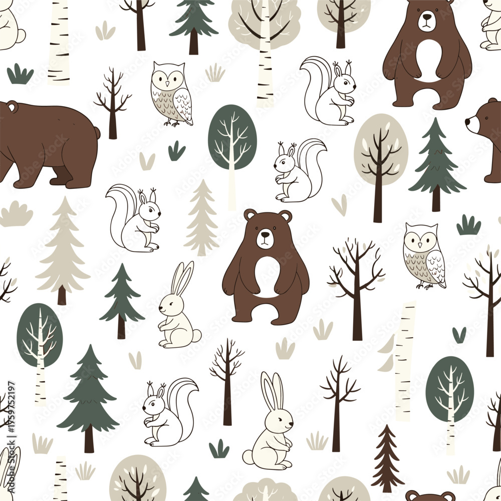 Obraz premium Cute Woodland Forest Animal Seamless Pattern with Bear, Squirrel, Rabbit, and Owl