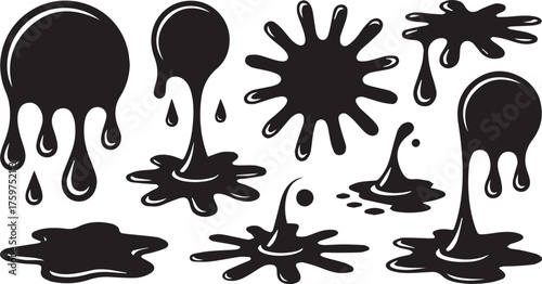 Collection of Black Liquid Splatters, Dripping Paint, and Ink Blots on White Background