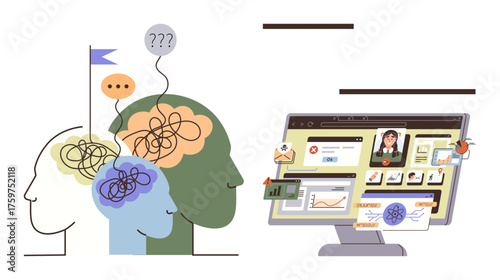 Silhouettes with tangled thoughts resolving into organized ideas via computer interface. Ideal for problem solving, workflow management, creativity, mental clarity, brainstorming, strategy, simple