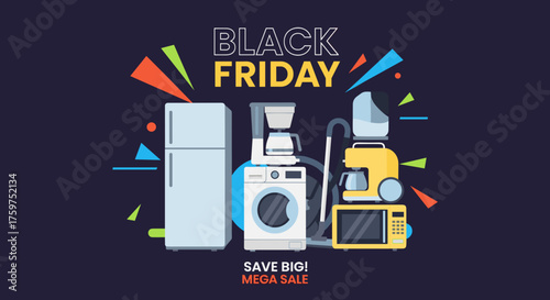 Black Friday Mega Sale banner with household appliances and big savings