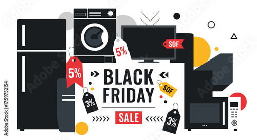 Black Friday Sale illustration Huge discounts on electronics TV refrigerator and home appliances