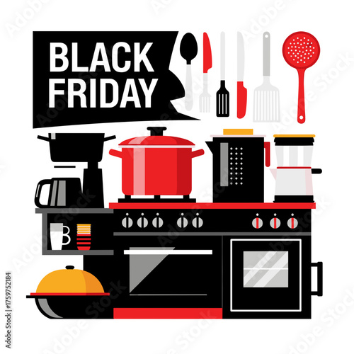 Black Friday kitchen sale illustration pots utensils stove and appliances