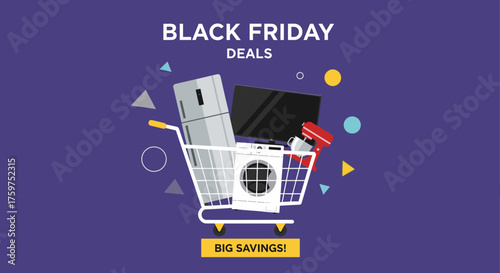 Black Friday Deals Shopping cart filled with appliances and electronics on purple background