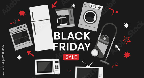 Black Friday Sale graphic with major home appliances and electronics on a dark background