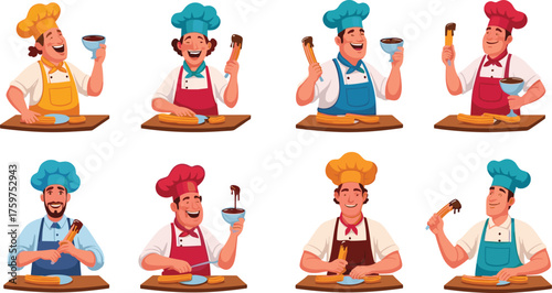 Happy chefs enjoying churros with chocolate, pastry dessert preparation, bakery illustration, sweet food concept, cooking and dessert making art