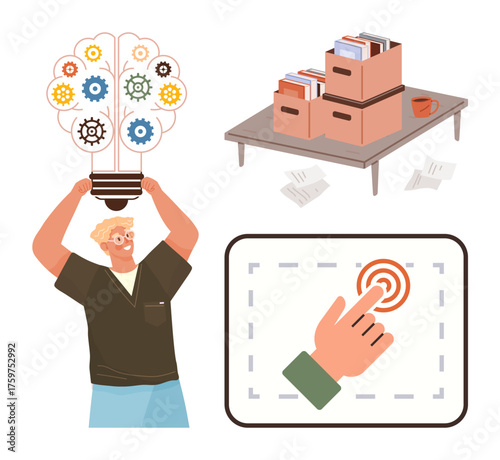 Person holding a lightbulb with gears, neatly organized files on a table, and hand pressing a digital button. Ideal for innovation, productivity, technology, organization, creativity, brainstorming