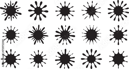 Collection of Fifteen Black Ink Splatter Shapes on a White Background