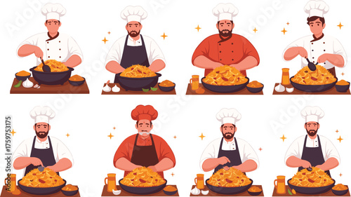 Professional chefs cooking delicious biryani, restaurant kitchen food preparation, hot rice dish with spices, traditional Indian cuisine illustration