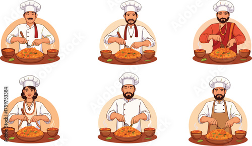 Professional chefs preparing delicious biryani, traditional cooking scene with hot rice dish, authentic Indian cuisine, restaurant food illustration