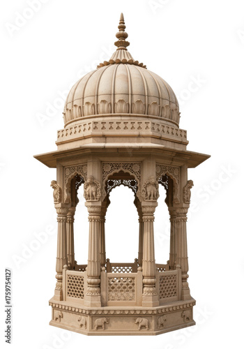 Traditional Rajasthani Sandstone Gazebo with Ornate Pillars and Domed Roof Rendered for Architectural Stock