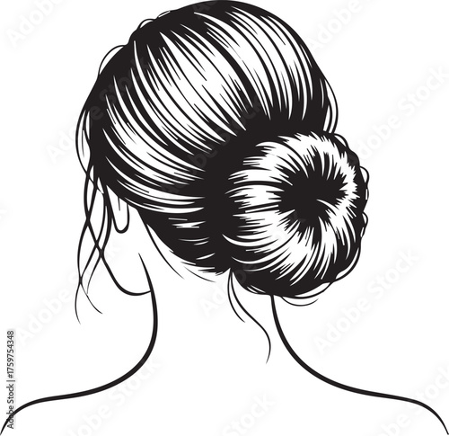 Elegant Woman's Hair in a Bun, Black and White Illustration, Back View