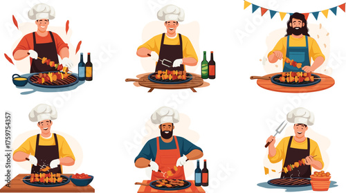 Professional chefs cooking barbecue skewers, grilling meat and vegetables on BBQ grill, festive party illustration with beer bottles and food