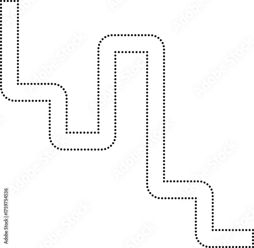 Dotted square-shaped path with rounded turns creating a linear abstract maze form.