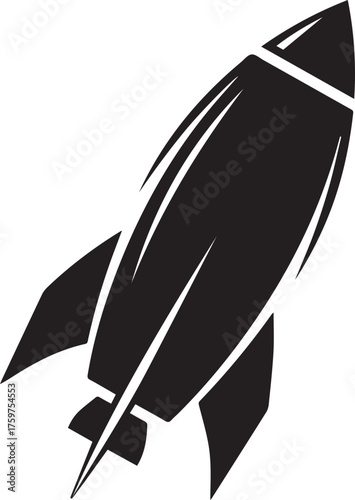 Sleek Black Rocket Icon Soaring Upwards on White Background.