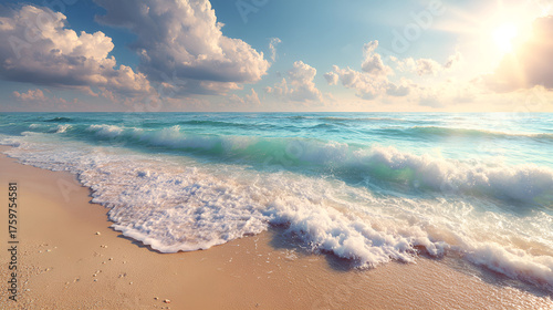 Fototapeta Naklejka Na Ścianę i Meble -  3D rendering of seaside beach, waves and sunset illustration materials
