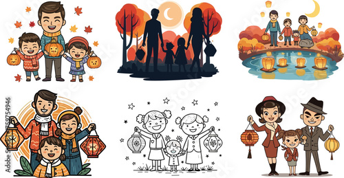 Happy family celebrating lantern and autumn festival at night, children holding pumpkins and lights enjoying seasonal holiday illustration