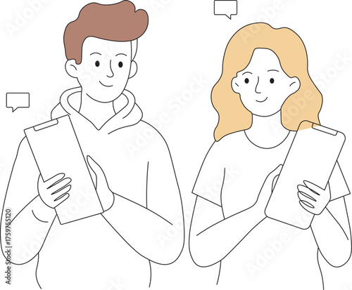Young men and women using dating app – simple vector illustration