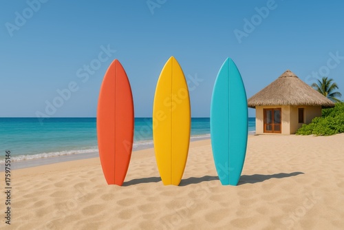 Three colorful surfboards standing on tropical beach near bungalow and palm trees. Illustration by Generative AI