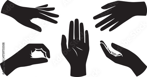 Illustration of Five Black Hands in Different Poses Against White Background