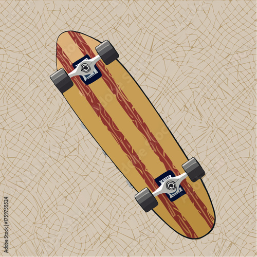Longboard skateboard top view on textured background