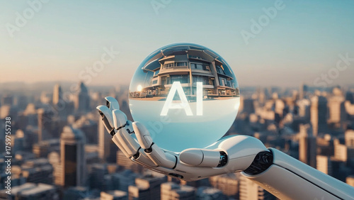AI in Hand: A robotic hand tenderly cradles a transparent sphere, revealing the reflection of a bustling cityscape with AI inscribed.