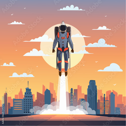 man with jetpack flying over city at sunset