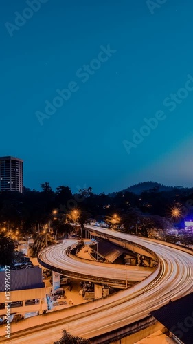 Night Highway Silhouette: The mesmerizing urban nightscape showcases a network of elevated highways and bridges, their illuminated curves cutting through the cityscape.