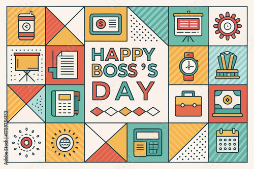 Happy Boss's Day greeting with office icons boss day