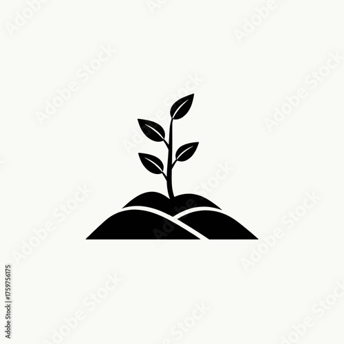 Black silhouette of a young plant growing from a small mound of earth, isolated on a white background.