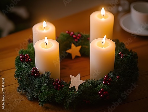 Evergreen wreath with berries and wooden stars surrounded by four lit white candles, warm glow creating peaceful Christmas atmosphere, high-resolution render for holiday table design and social media.